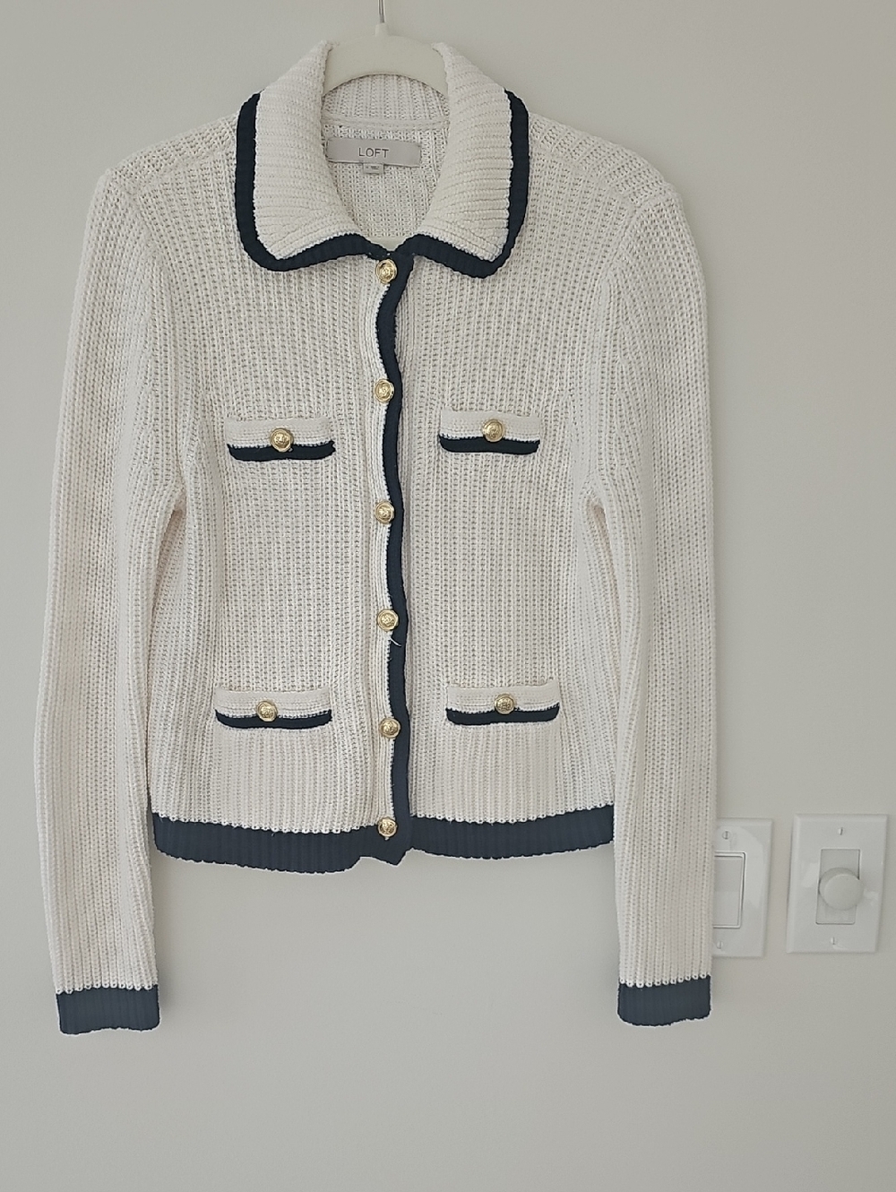 LOFT Women's Cream Knit Cardigan with Navy Trim Size M